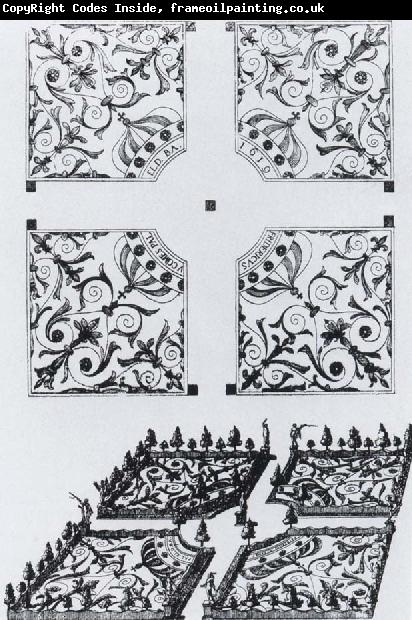 Salomon de Caus Plan and bird-s-eye view of the parterre de broderie at Heidelberg